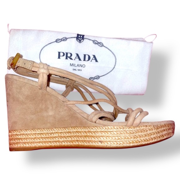 Authentic Prada suede beige tan platform rope sandal 38 8 - Picture 1 of 8